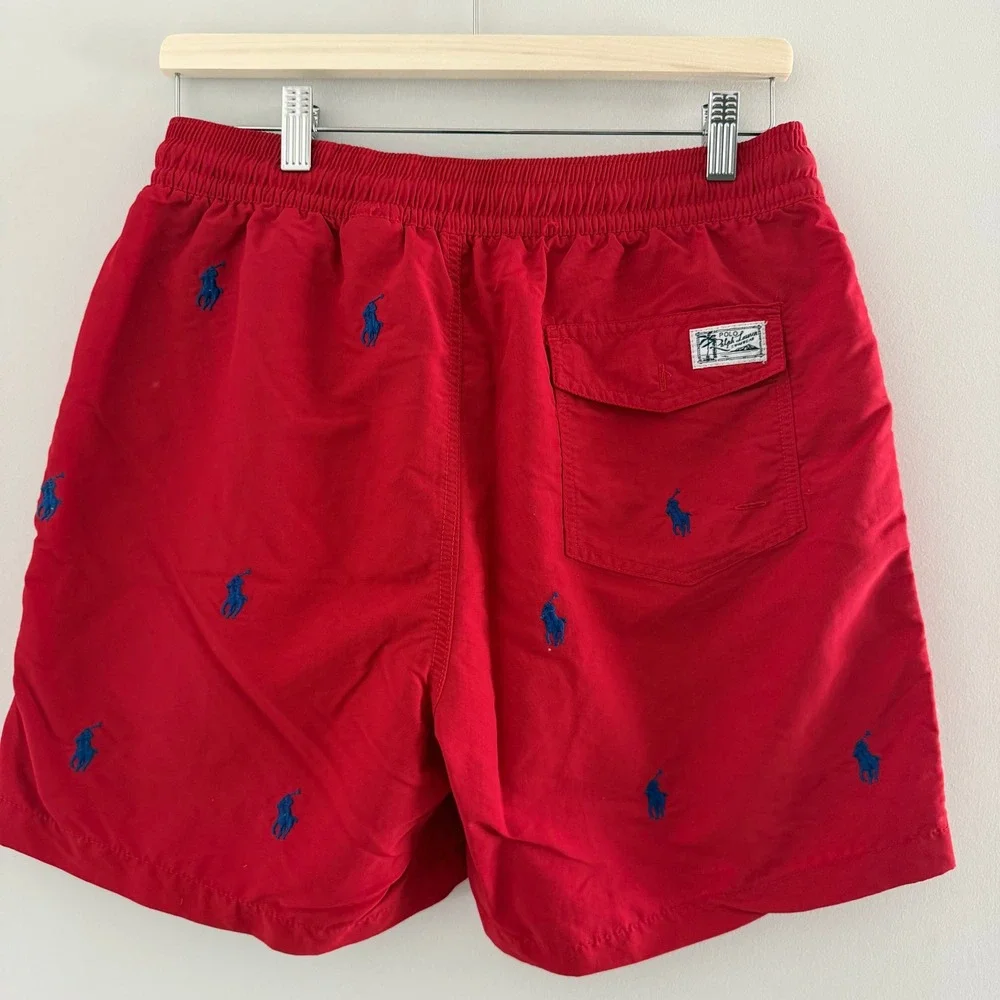 Polo Ralph Lauren Mens Red Blue Pony Embroidered Swim Trunks M Preppy Nautical